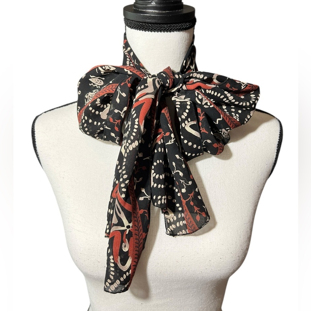 Elegant Black and Burnt Orange Patterned Scarf, approx. 10.5”x58” - Picture 2 of 10